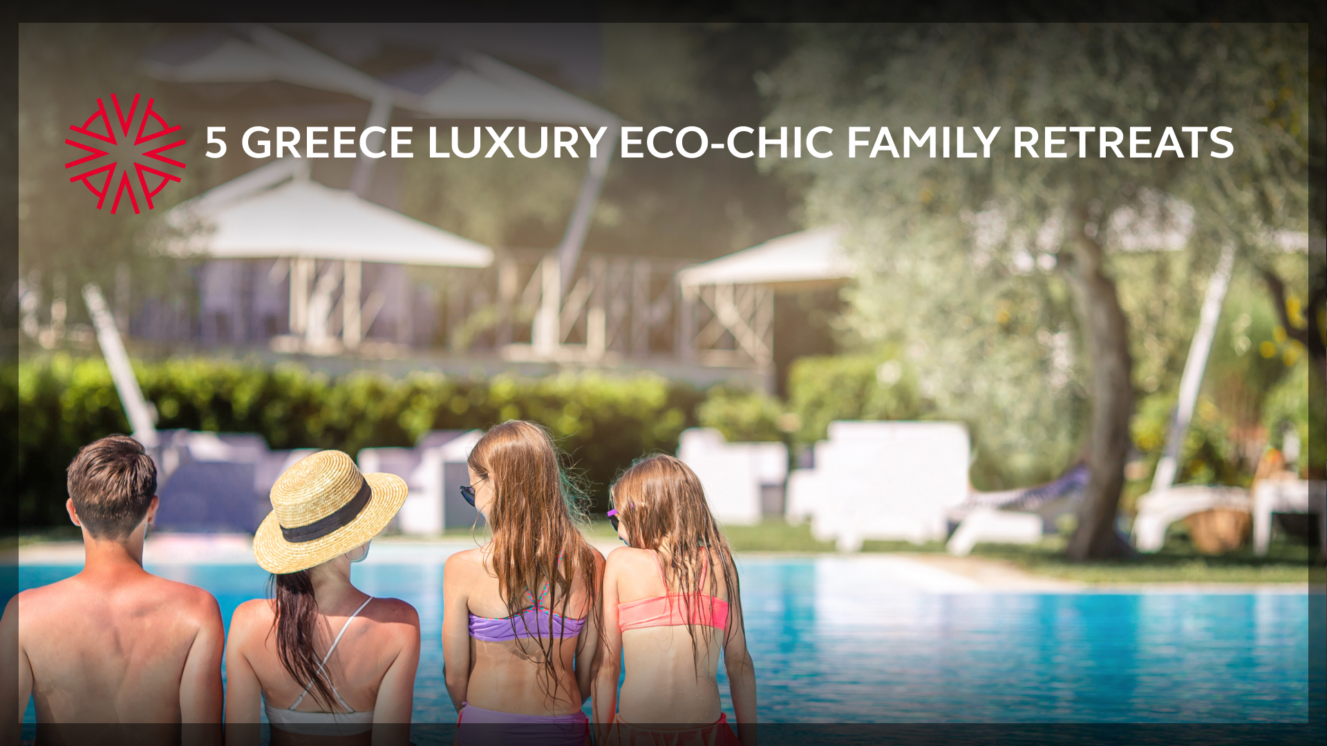 a family sitting on the side of a pool at an eco-chic resort in Greece