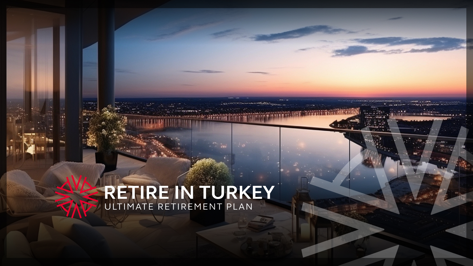 A scenic view from a luxury penthouse with the words, retire in Turkey, as the caption